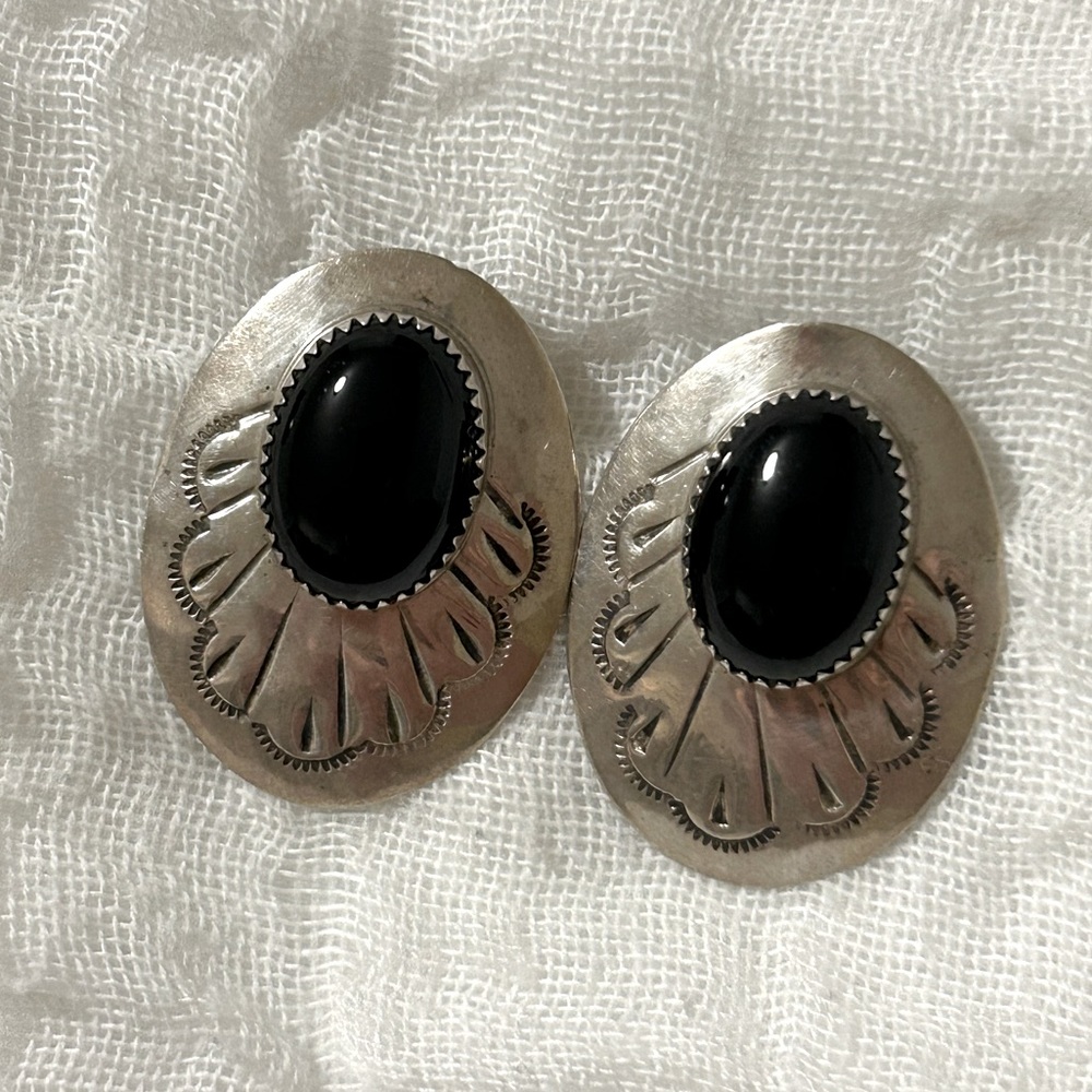 Native American black onyx and sterling post earrings